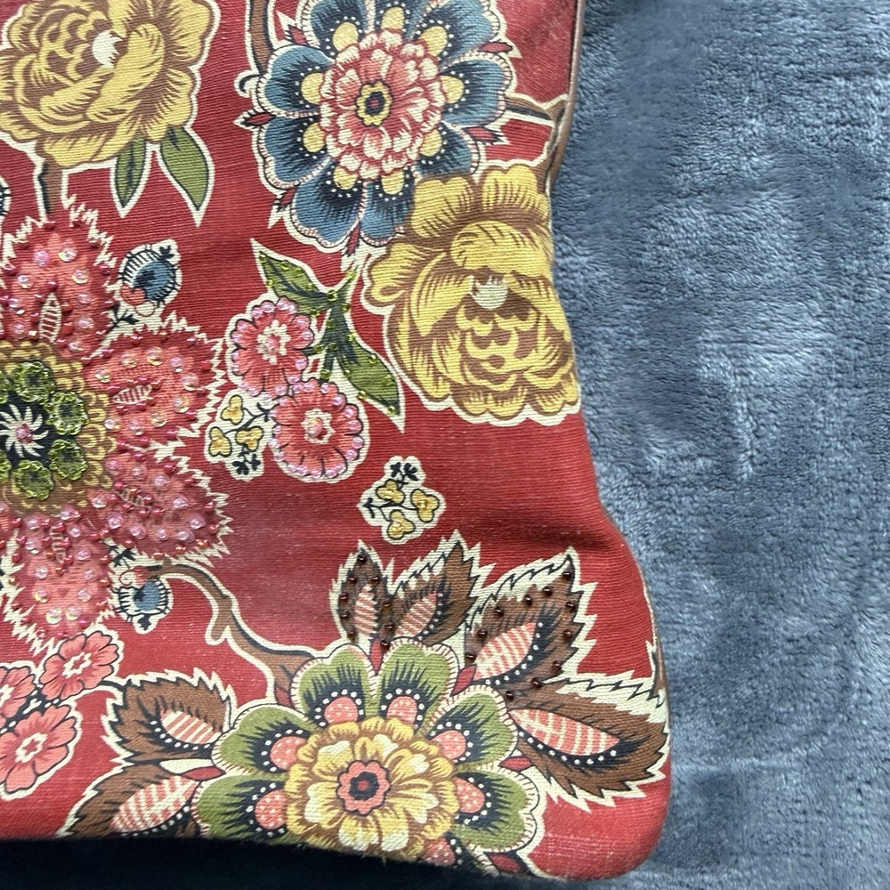Floral Beaded Canvas Shoulder Bag Red Boho Tapestry Print Zip Top Purse - Picture 4 of 12